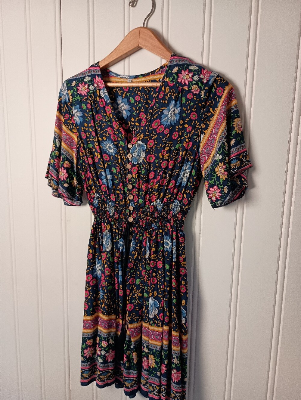 Fun!- Floral V-Neck Smocked Waist Mini Dress - Size S